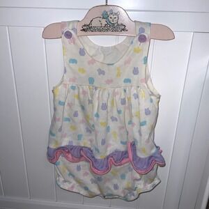 Vintage 90s Health-tex Baby Girls Blue Bubble Romper Size 18‎ Months Purple Pink